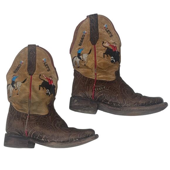 Vaccari Brown Western Cowboy Boots Kids Size 13 Leather Embroidered Lets Rodeo - Picture 1 of 11